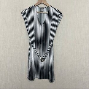 H&M Striped dress Navy White Gold Size 4 Sinch Waist Belt adjustable